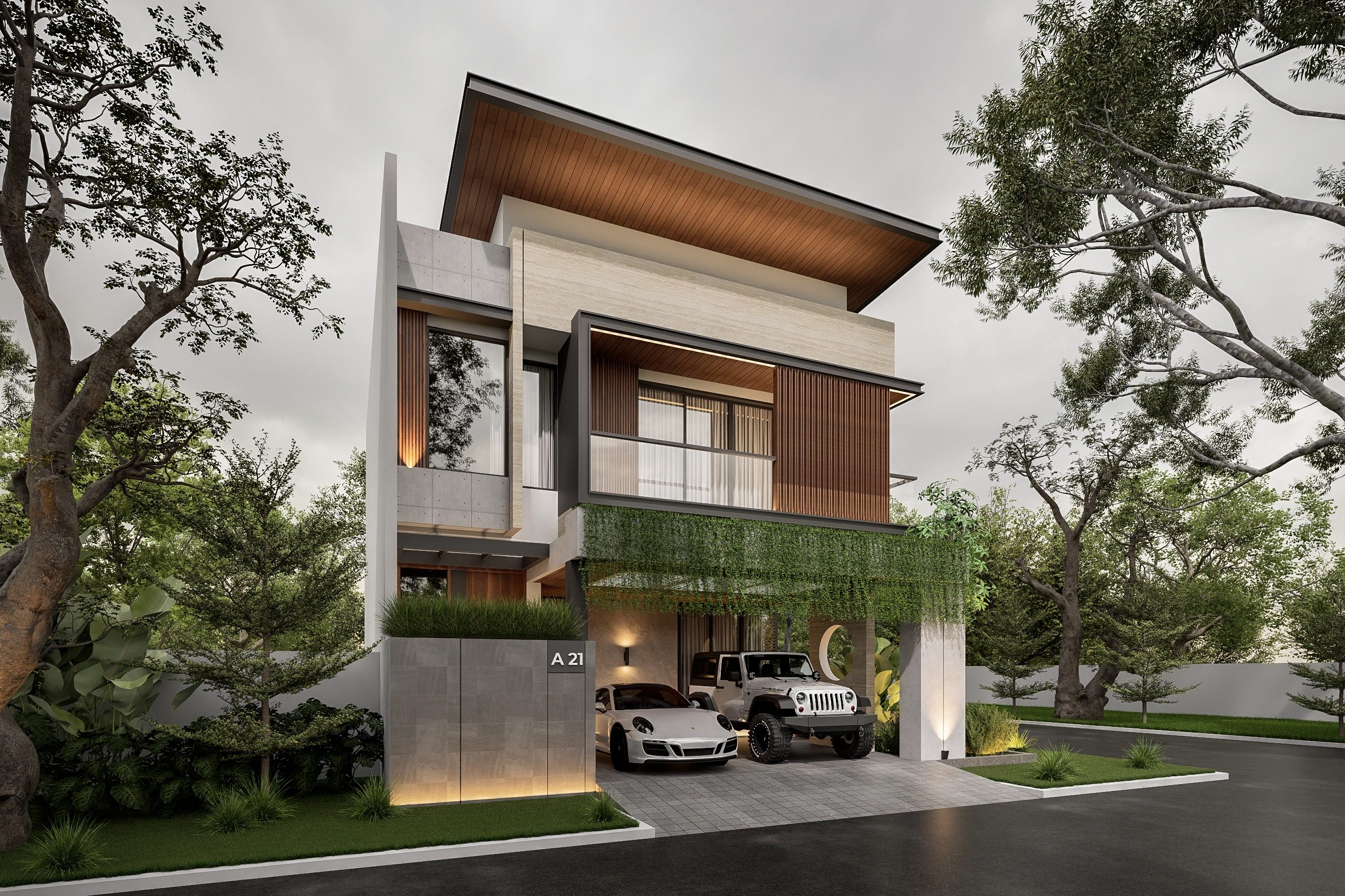 Angled façade render of Rumah Solterra Vol. 1 showing two-storey proportions, stone, timber accents, and tropical landscaping.