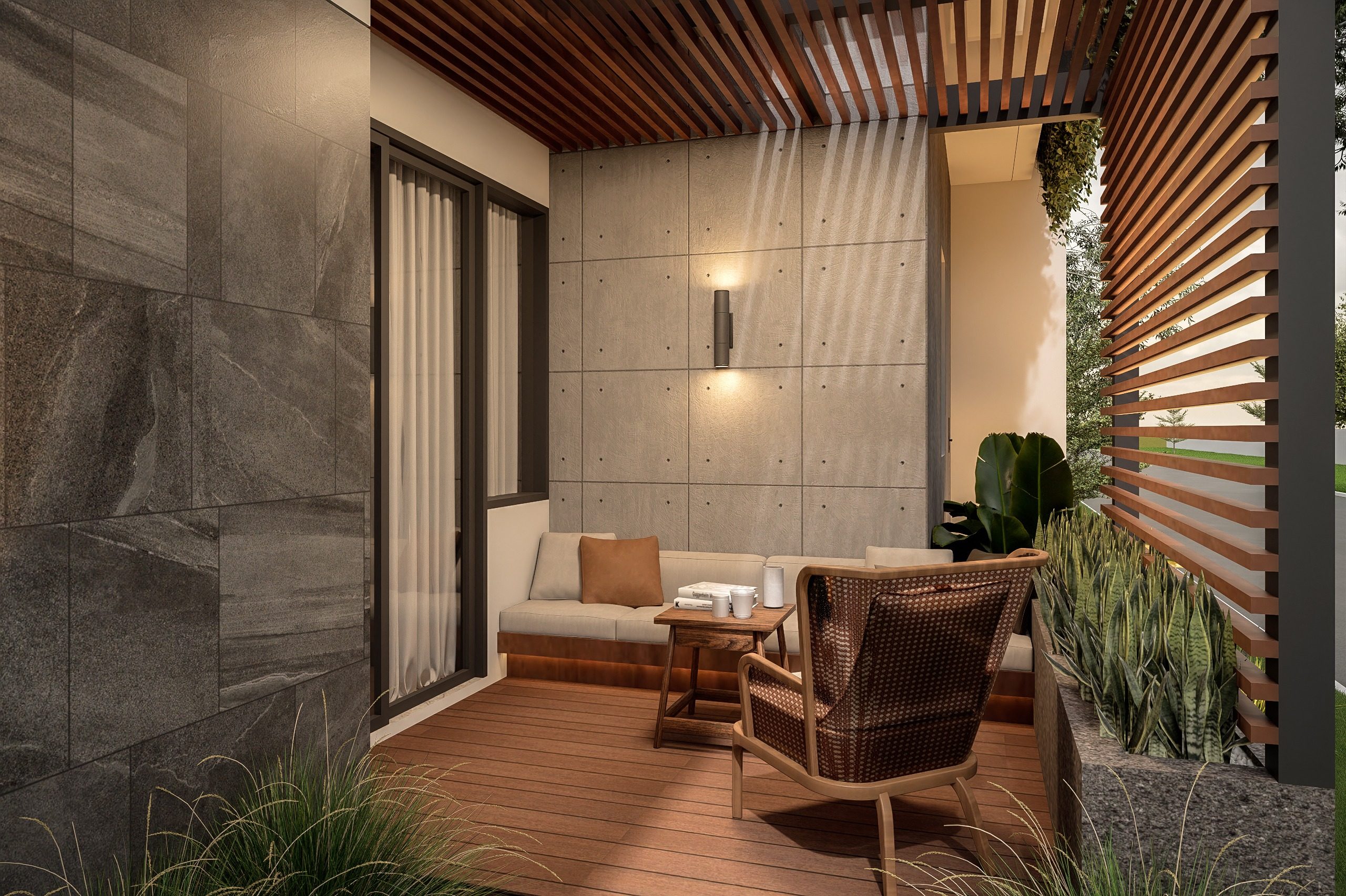 Patio render of Rumah Solterra Vol. 1 with timber screens, stone walls, warm light, and seating.
