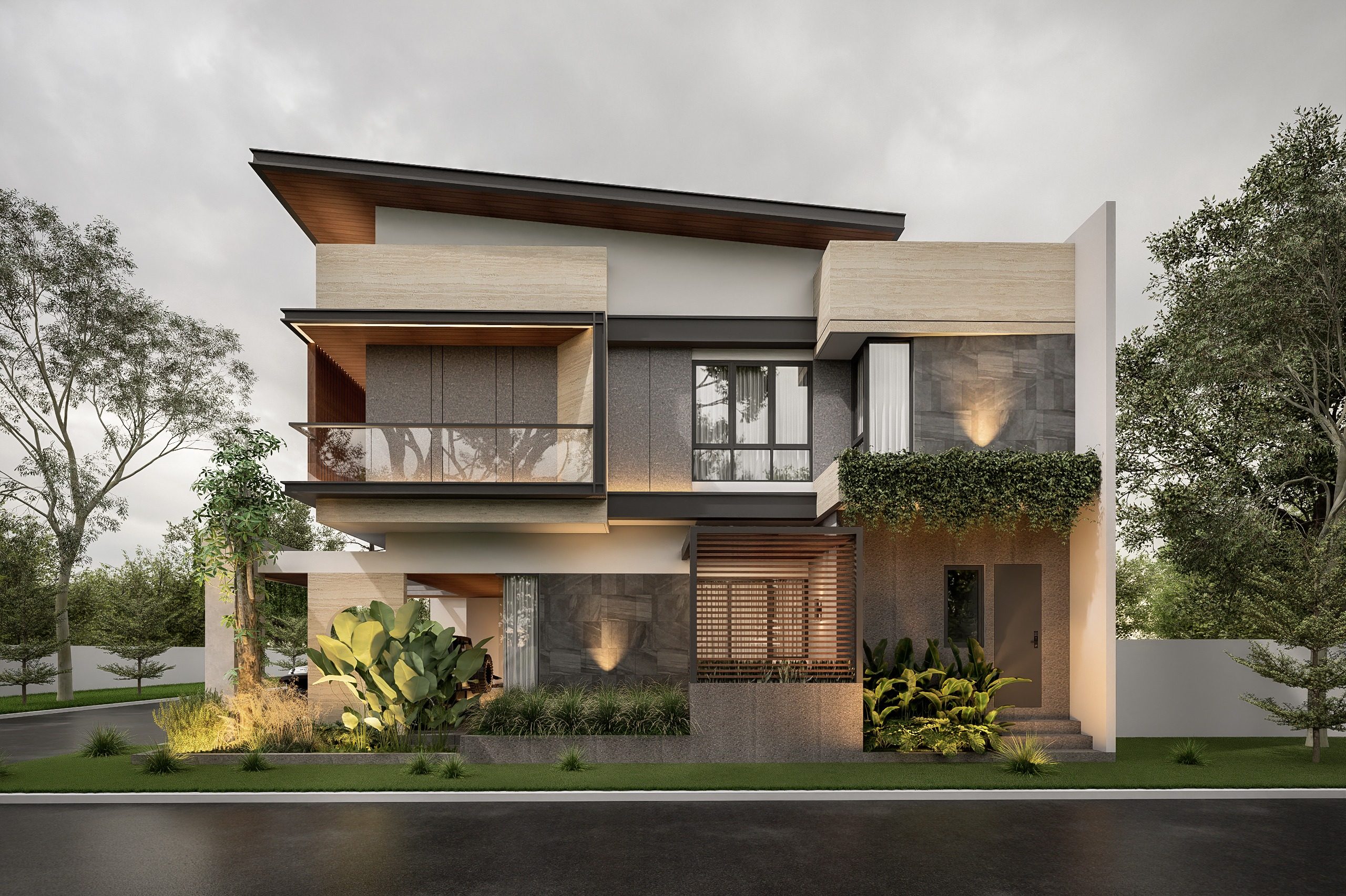Side render of Rumah Solterra Vol. 1 with stone surfaces, timber accents, balcony, and tropical landscaping.
