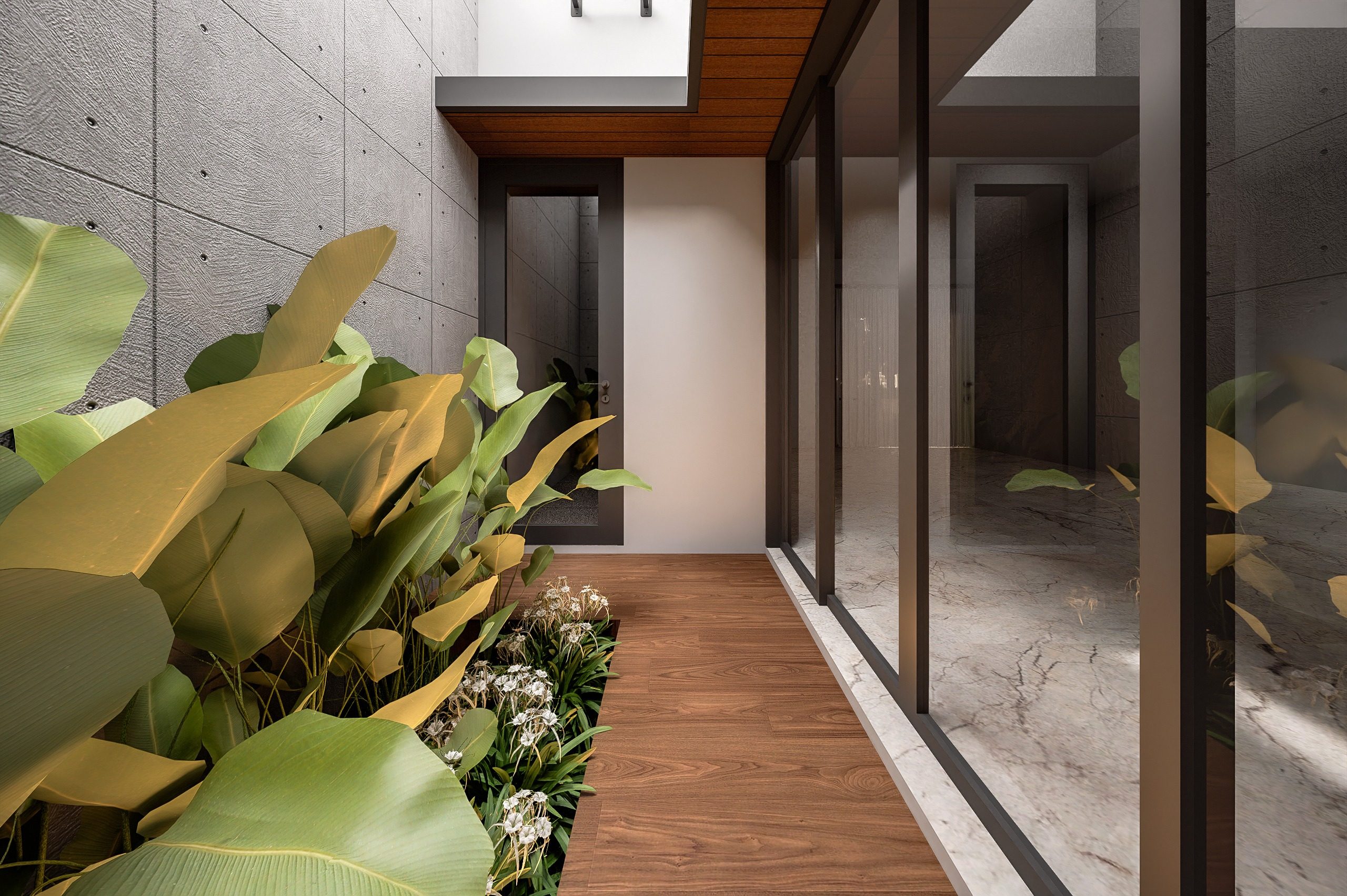Terrace render of Rumah Solterra Vol. 1 with tropical planting, a timber path, and glass surfaces.